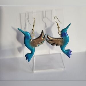 Blue and Brown Hummingbird Bird Earrings